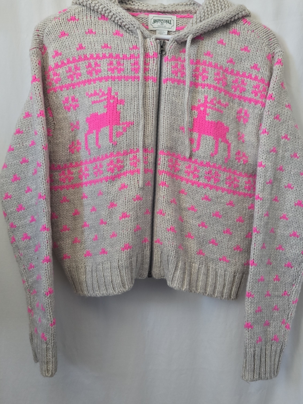 American Eagle Fair Isle Reindeer Hooded Knit Zip Up Sweater Small NWT